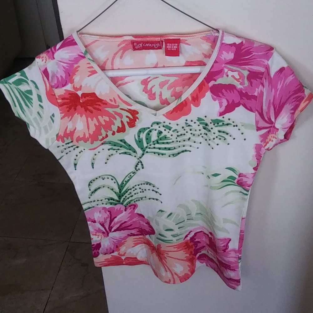 CRAZY FISH BEADED TEE SHIRT,MODEST CROP, SHORT SLEEVE,MULTI COLOR,S-SMALL
